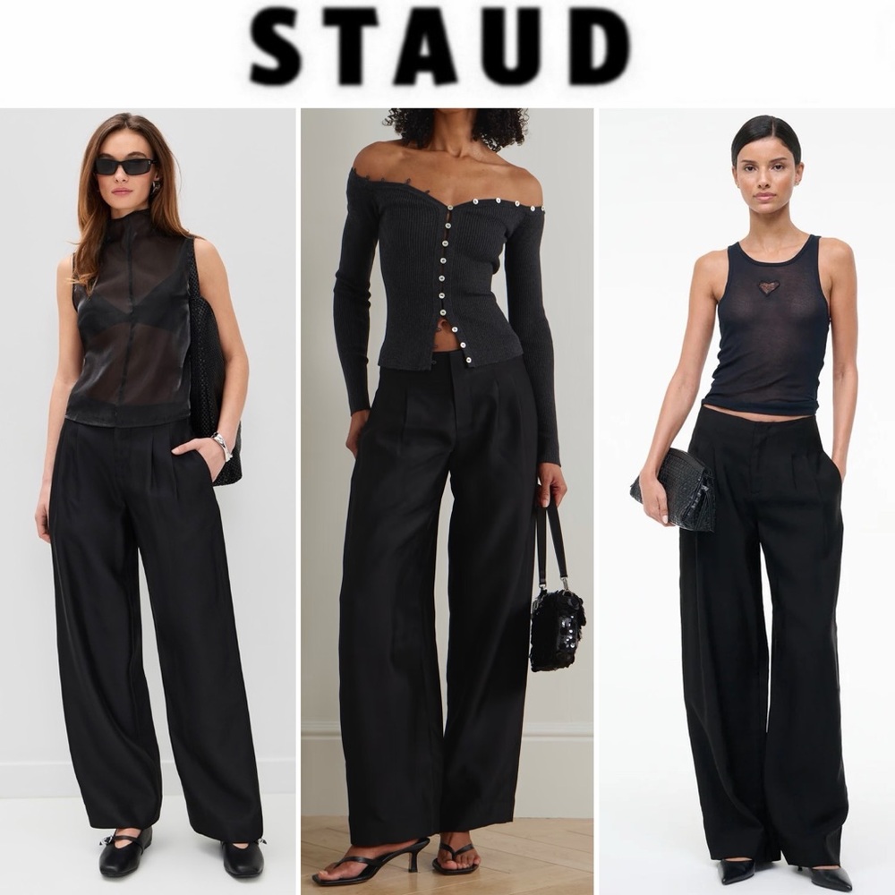 STAUD Black Wide Leg Pants - High Waist Tailored Trousers